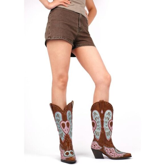⚡Women's Brown Western Cowgirl Boot Embroidery Angel Wings Mid Calf Pointed Toe - Picture 4 of 8